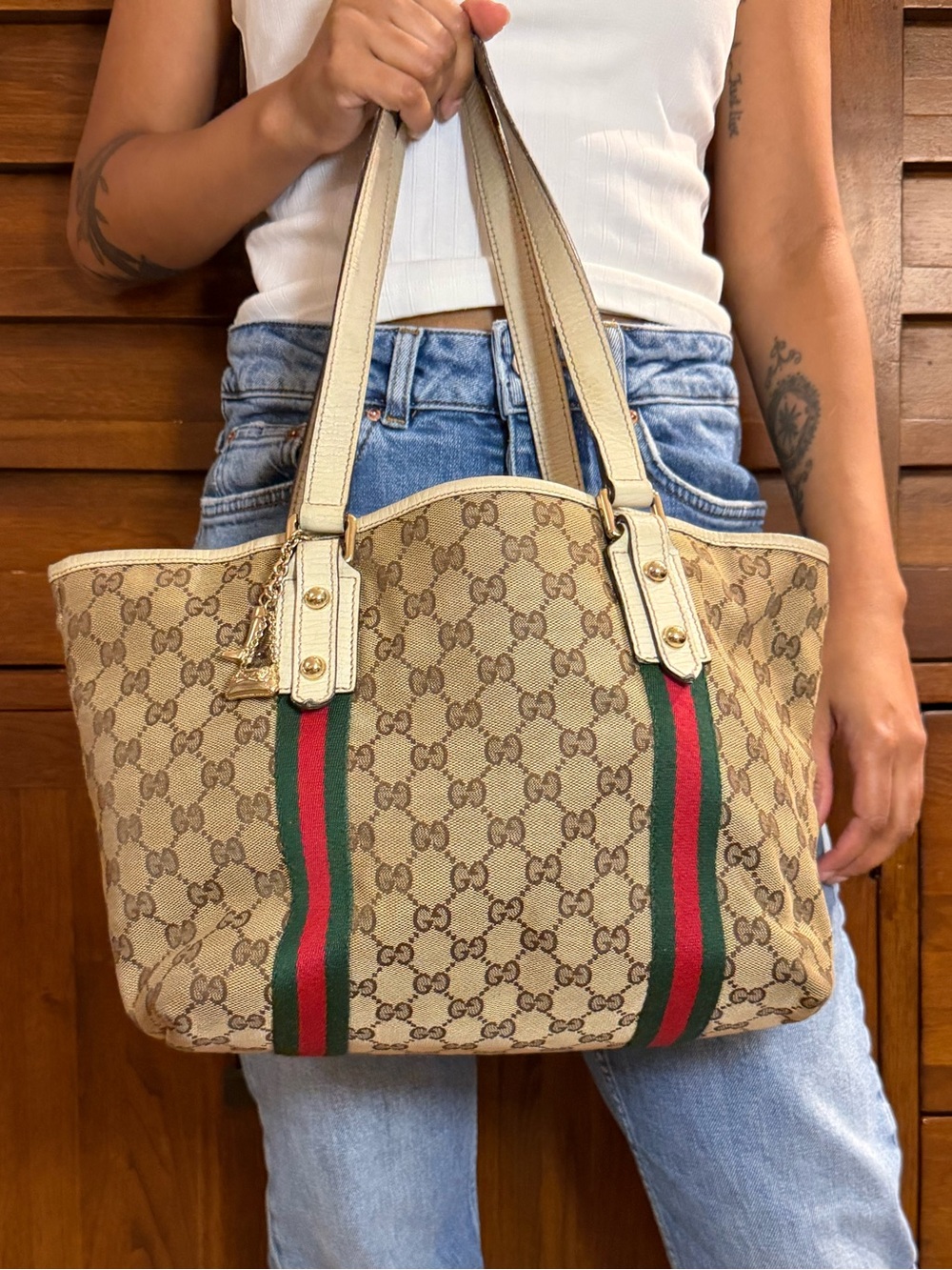 Gucci GG Canvas Web Stripe Tote Bag